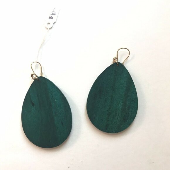 Wooden Dangle Teardrop Earrings Teal With Gold Paint - Picture 2 of 2